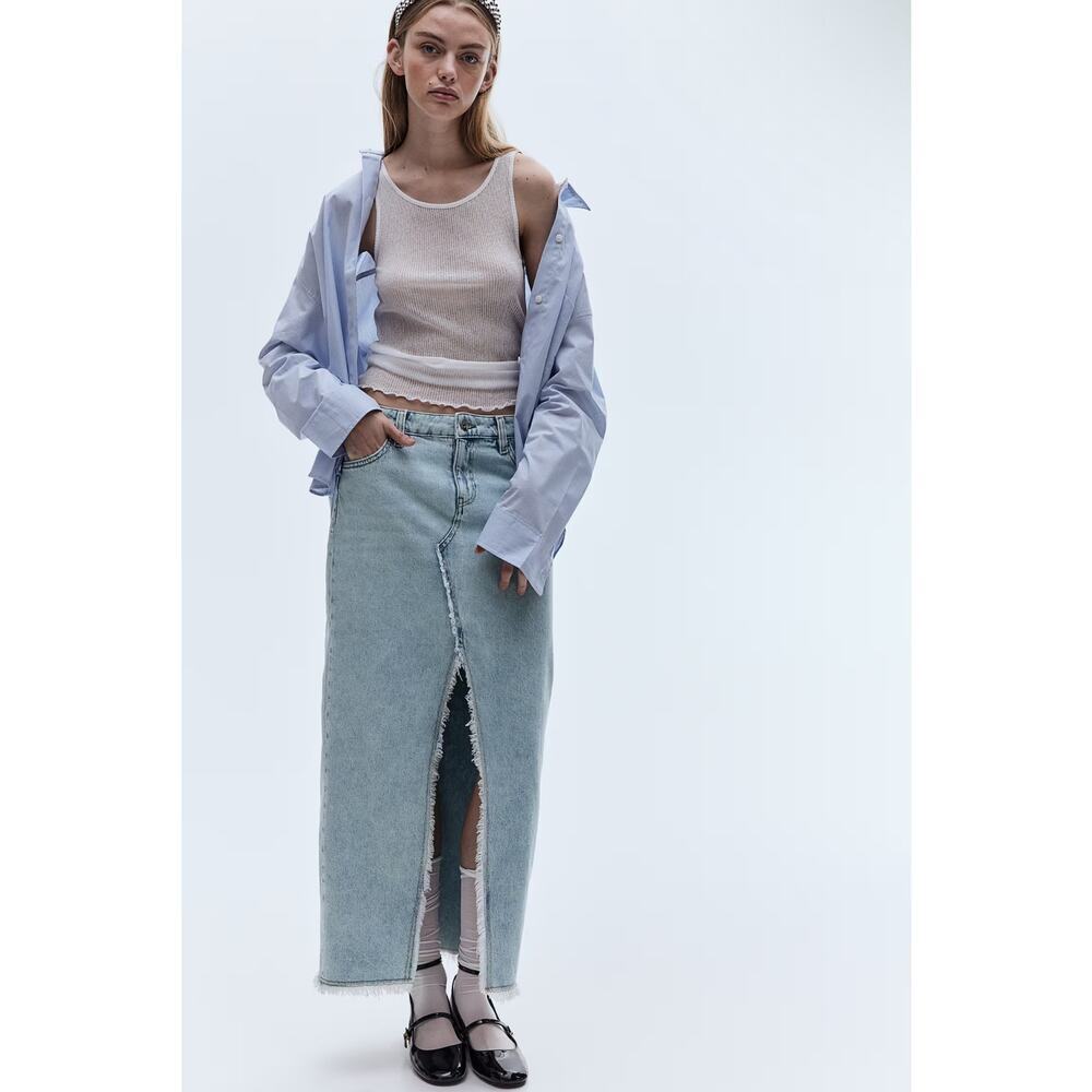 NEW Y2K Frayed Raw Edge Long Light Recycled Cotton Denim Skirt High Slit Size 2